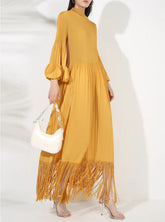 Pleated Long Sleeve Midi Dress with Tassels